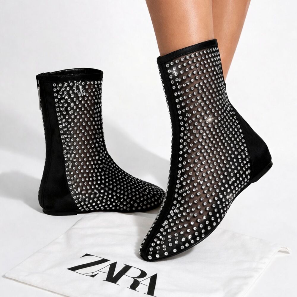 ZARA Rhinestone Mesh Sock Boots Black Crystal Ankle Boots EU 37 US 6.5 NWT